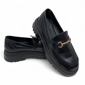 Y2K Chunky Faux Leather Lug Sole Loafers Gold Horsebit Platform Size 9